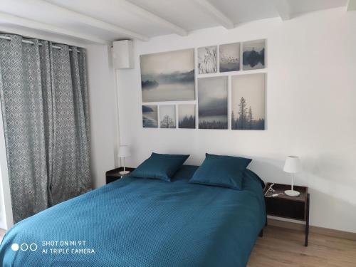 a bedroom with a blue bed with pictures on the wall at Le studio 22 in Bréhand