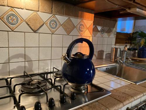 a blue tea kettle on a stove in a kitchen at CASA LORY Poggio Murella in Poggio Murella