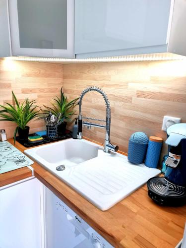 a kitchen counter with a sink in a kitchen at appartement vue mer,accès direct plage,fibre,clim,parking public gratuit in Le Barcarès
