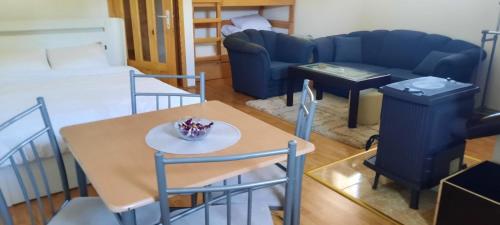 a living room with a table and a blue couch at Suncana dolina Tara in Kaludjerske Bare