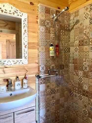 a bathroom with a sink and a shower with a mirror at Ragaciema Skadiņi in Ragaciems