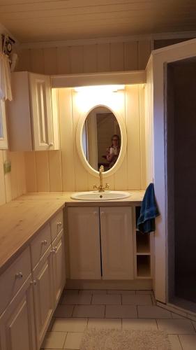 un baño con lavabo y espejo en Kvalsund Lodge, en Futrikelv