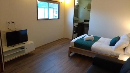 a bedroom with a bed and a television at Yarrawonga Riverlands Tourist Park in Yarrawonga