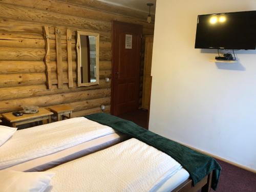 a bedroom with a bed and a flat screen tv at Pensiunea Vanatorul in Obarsia-Lotrului
