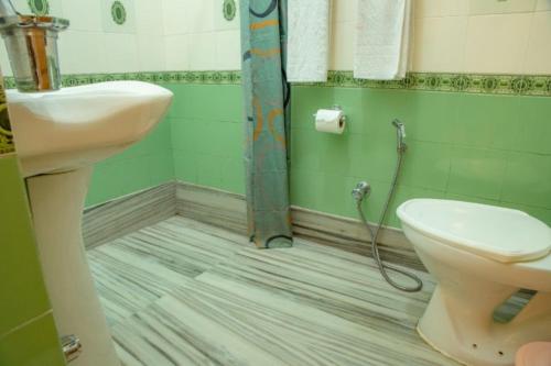 a green bathroom with a sink and a toilet at Rhenock House (a luxury villa) in Gangtok