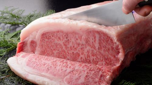 a person cutting a piece of meat with a knife at Hotel Isago Kobe in Kobe
