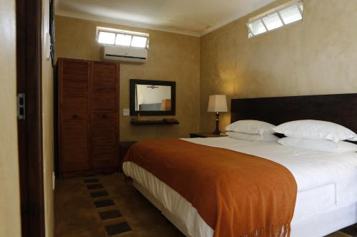 a bedroom with a large bed and a mirror at Sunset Lodge & Safaris in Guernsey Nature Reserve