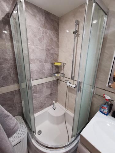 a shower with a glass door in a bathroom at ALDO comfort in Ludza