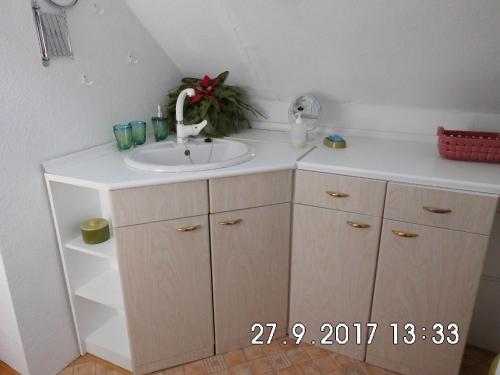 baño con lavabo y encimera blanca en Familienferienwohnung im Haus Ludwig, en Masserberg