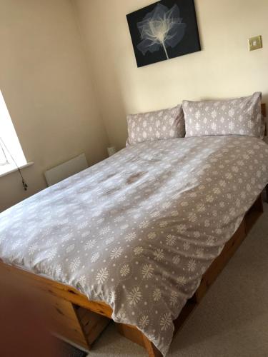 een slaapkamer met een groot bed en een dekbed bij Campbell Apartment in Cardiff