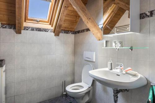 uma casa de banho com um WC e um lavatório em Der Lachenbuckhof em Blumberg