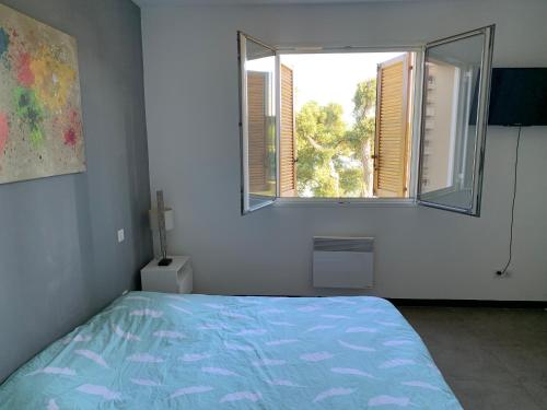 een slaapkamer met een bed en een raam bij Appartement F2 Salines de Porto Vecchio in Porto-Vecchio