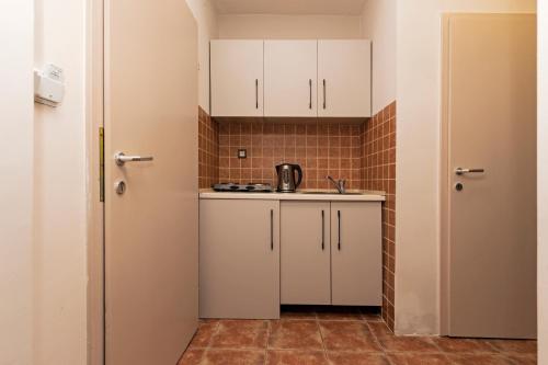 a small kitchen with white cabinets and a sink at Bitrak Guest House in Ohrid