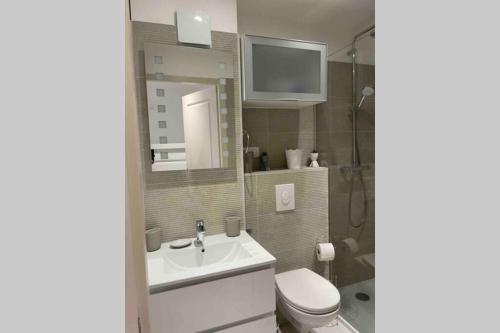 un bagno con lavandino, WC e specchio di Les coriandre a Cavalaire-sur-Mer