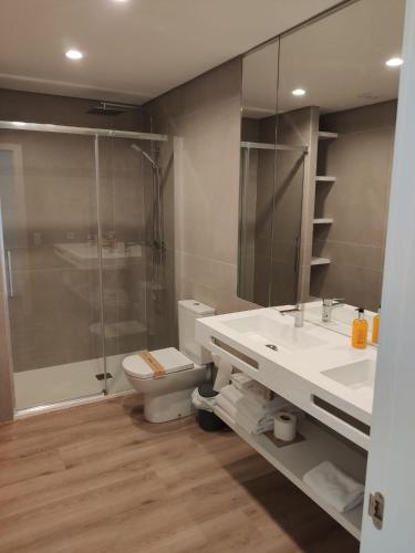 a bathroom with a toilet and a shower and a sink at Hotel Las Terrazas in Burgos