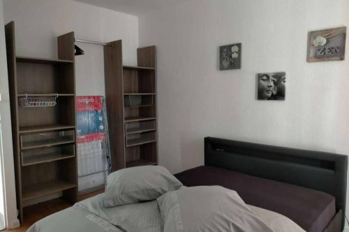une chambre avec un lit et une étagère dans l'établissement Appartement entier Bourges Avaricum centre ville, à Bourges