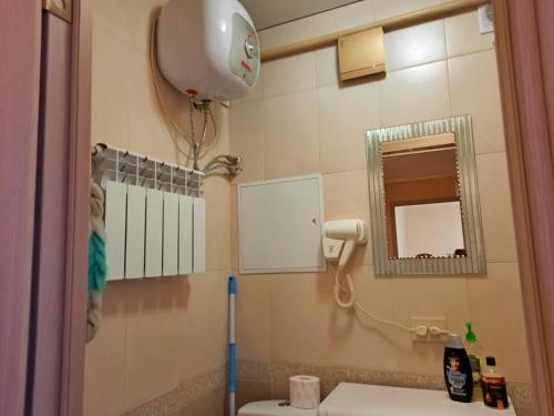 マグニトゴルスクにあるApartment on Domenshchikovのバスルーム(洗面台、鏡付)