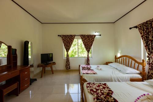 a bedroom with two beds and a television in it at Casadani Luxury Apartment in Grand Anse