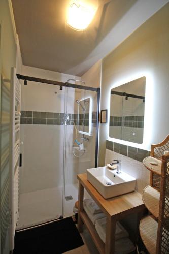 une salle de bain avec un lavabo et une douche dans l'établissement LA PETITE CHARMILLE, à Châteauponsac