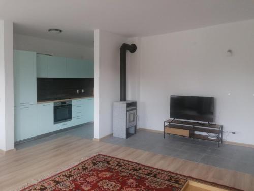 ein Wohnzimmer mit Flachbildfernseher und Klavier in der Unterkunft Комплекс Падалото "ЕТНО" in Smoljan