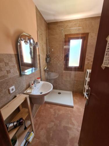 Un baño con lavabo, ducha y espejo. en Apartamentos Osa Menor, en Cala d´Or
