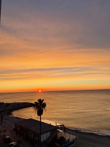 a sunset over the ocean with a palm tree at CasAmare di Carla in Savona