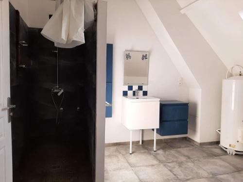 La salle de bains est pourvue d'un lavabo et d'un miroir. dans l'établissement Gite esprit loft, à Fromelles