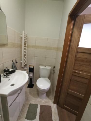 a bathroom with a white toilet and a sink at Chopina 6 na zielonym wzgórzu in Jedlina-Zdrój