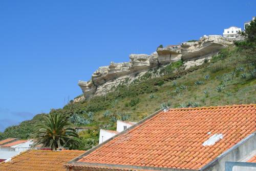 a hill with a castle on top of it with roofs at Nazaré Hostel - Rooms & Dorms in Nazaré