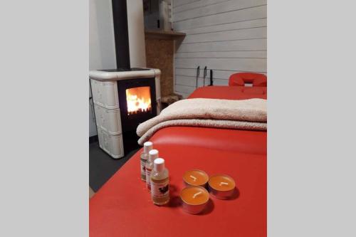 a room with a bed and a fire place at Chatky u potoka - chatička č.2 in Olešnice v Orlických horách