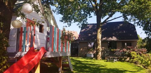 ein Haus mit einer roten Rutsche im Hof in der Unterkunft Gîte aux Deux Chênes in Diebolsheim