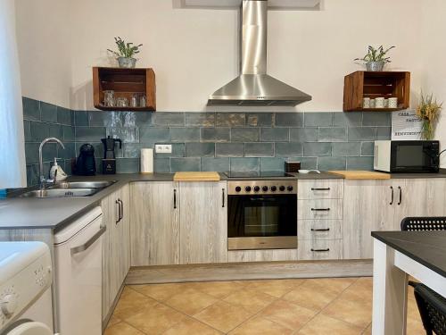 una cucina con lavandino e piano cottura forno superiore di Casa Pastor, Delta del Ebro a El Lligallo del Gànguil