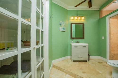 a green bathroom with a toilet and a mirror at Victoria House in Frederiksted