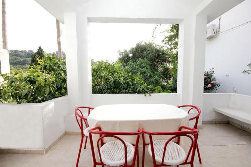 a white room with a table and two red chairs at Guesthouse Drašković in Petrovac na Moru