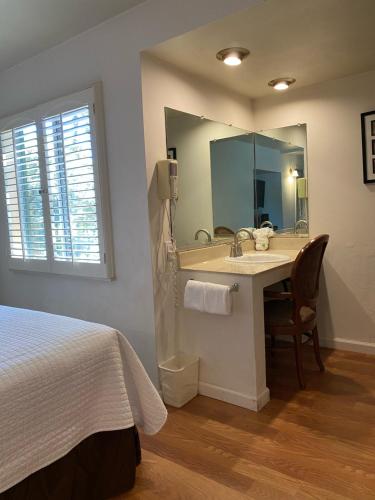 a bathroom with a sink and a mirror at Carmel Resort Inn in Carmel