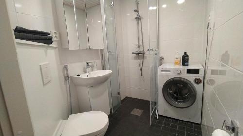 uma casa de banho com um WC, um lavatório e uma máquina de lavar roupa em Rovaniemi Cityhome Nordica em Rovaniemi