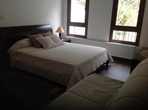 Un dormitorio con una cama grande con dos ventanas. en Ta Spitakia tis Theodosias, en Kalopanayiotis