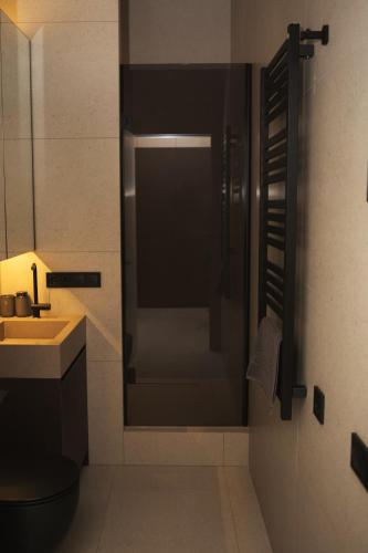 a bathroom with a shower with a sink and a mirror at Пентхауз с террасой район Мост Сити in Dnipro