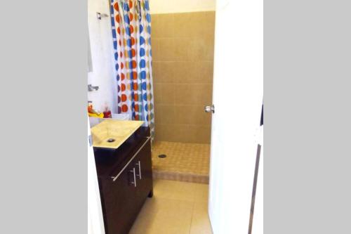 a bathroom with a sink and a shower at Nueva Casa de playa Brisas del Mar in Ixtapa