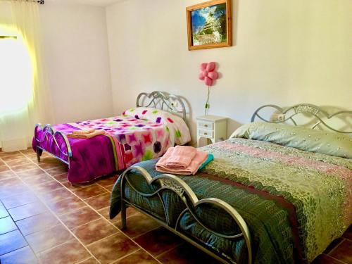 um quarto com duas camas e uma cadeira em Casa Rural Hoyo de Los Pájaros em Castril