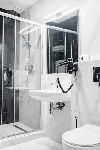 a bathroom with a shower and a sink and a toilet at Sofia Hotel in Rivne