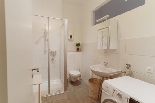 a bathroom with a shower and a toilet and a sink at ZION Apartments in Neuwied
