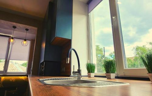 a kitchen with a sink and a large window at Нові Ексклюзивні Апартаменти біля Софіївського Парку in Umanʼ