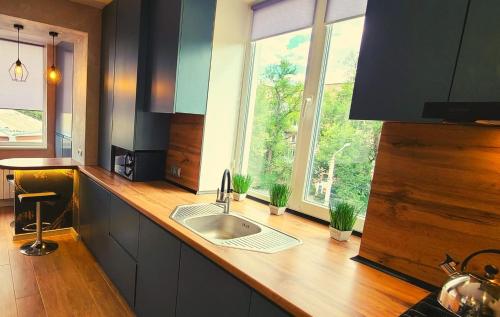 a kitchen with a sink and a large window at Нові Ексклюзивні Апартаменти біля Софіївського Парку in Uman