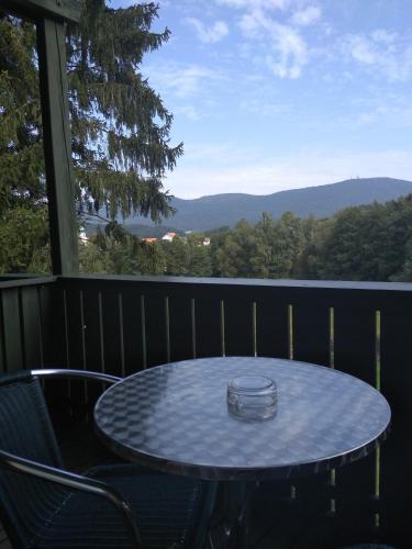 a table on a balcony with a view of the mountains at Wohnungen- Christopherhof MJ,Grafenwiesen in Grafenwiesen