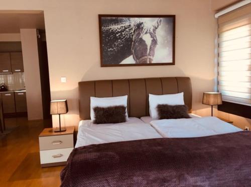 ein Schlafzimmer mit einem großen Bett mit zwei Lampen in der Unterkunft Hotel Corner in Sarajevo
