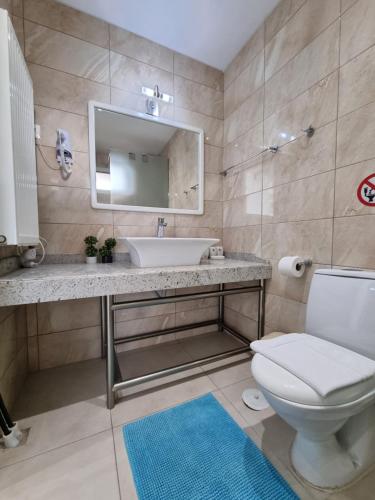 a bathroom with a sink and a toilet and a mirror at Harmony Residence in Kavos