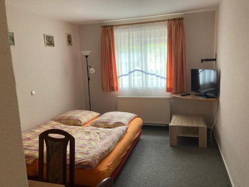 ein kleines Schlafzimmer mit einem Bett und einem TV in der Unterkunft Pension Tom´s Hütte in Nossen