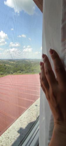 a person is looking out of a window at a roof at Vikend house in Ljig