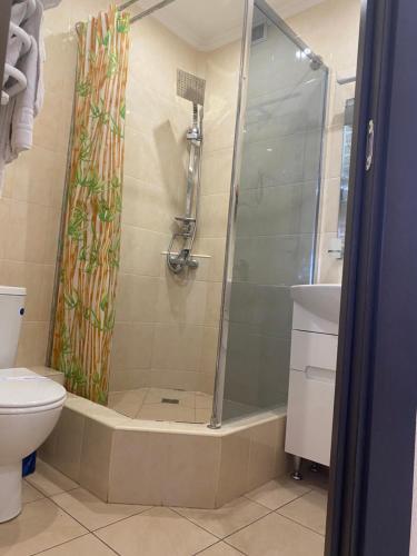 a bathroom with a shower and a toilet at Міні-готель "Кімната Комфорт" in Odesa